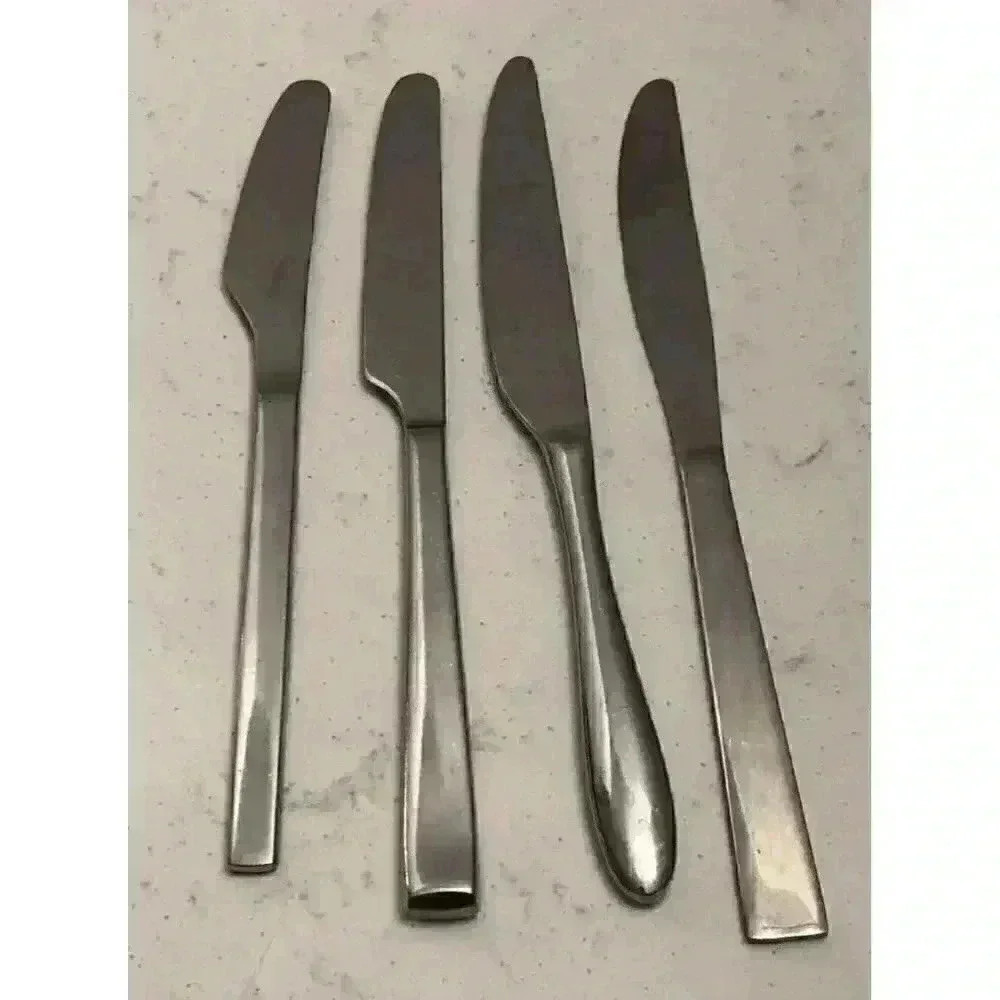 Variety Lot 4 Dinner Knives unknown‎ patterns round and squared handle tip satin